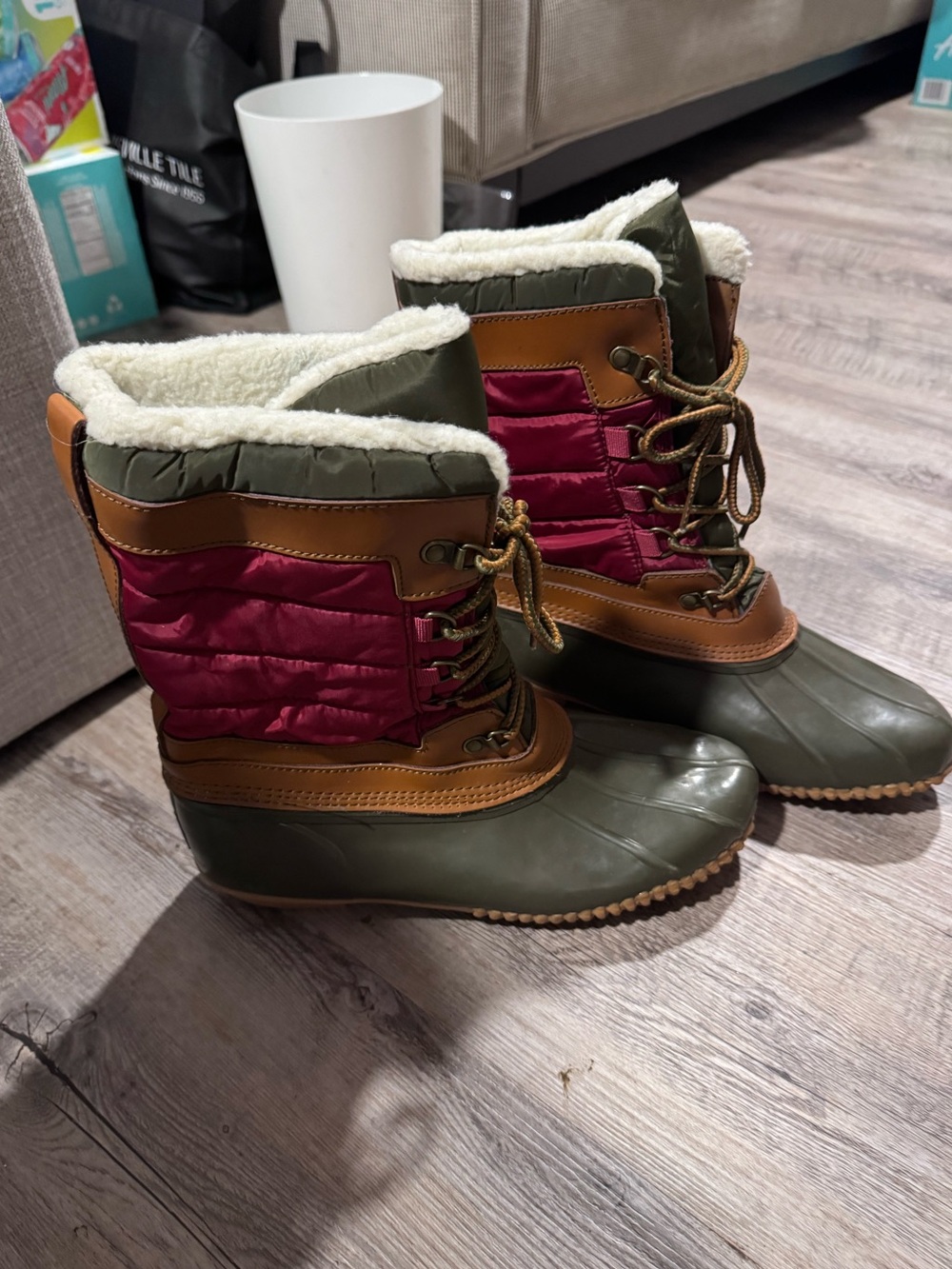 Women's Insulated Winter Duck Boots - Olive & Burgundy